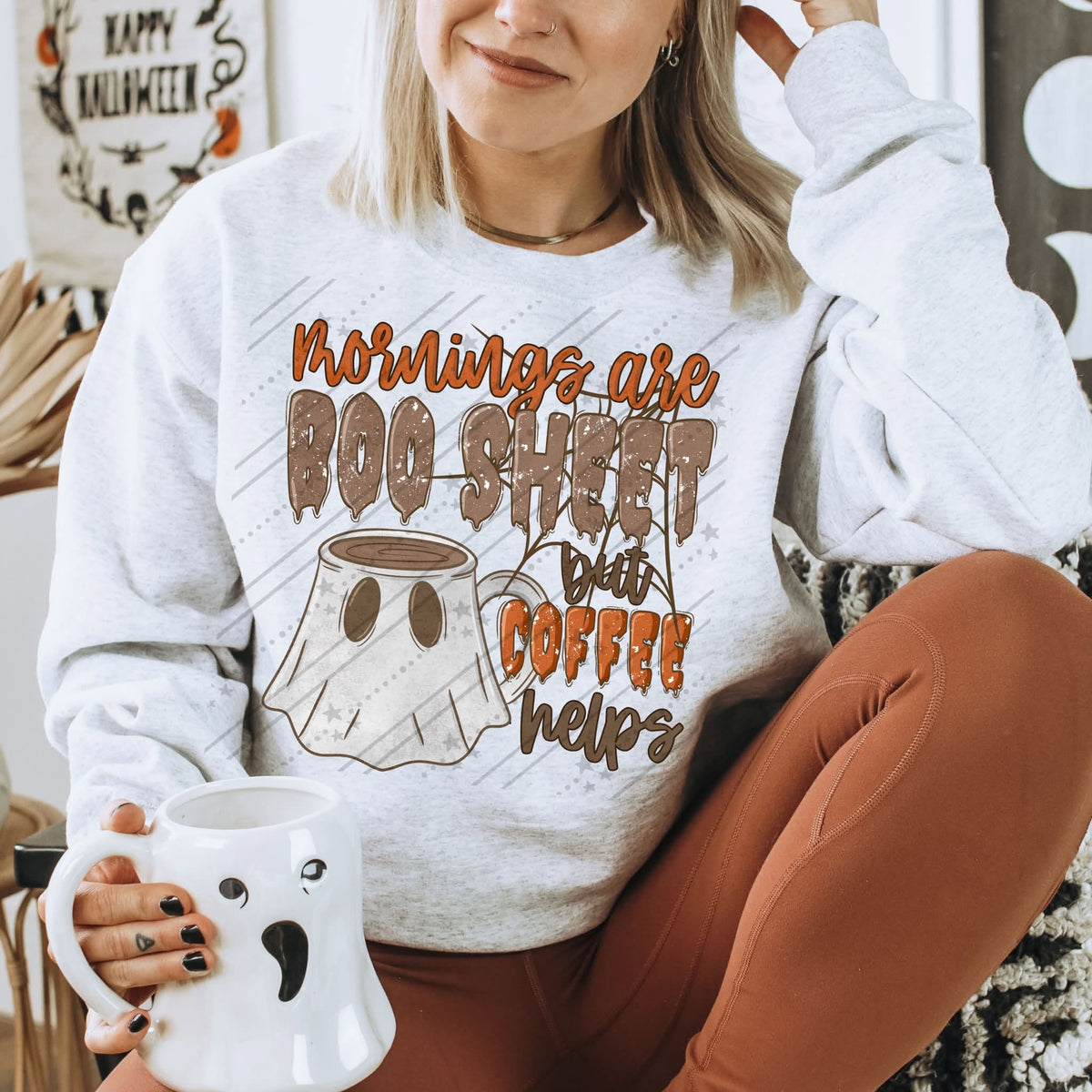 Mornings Are Boo Sheet But Coffee Helps Shirt | Cute Ghost Coffee Tee | Funny Halloween Graphic Shirt | Spooky Season Apparel