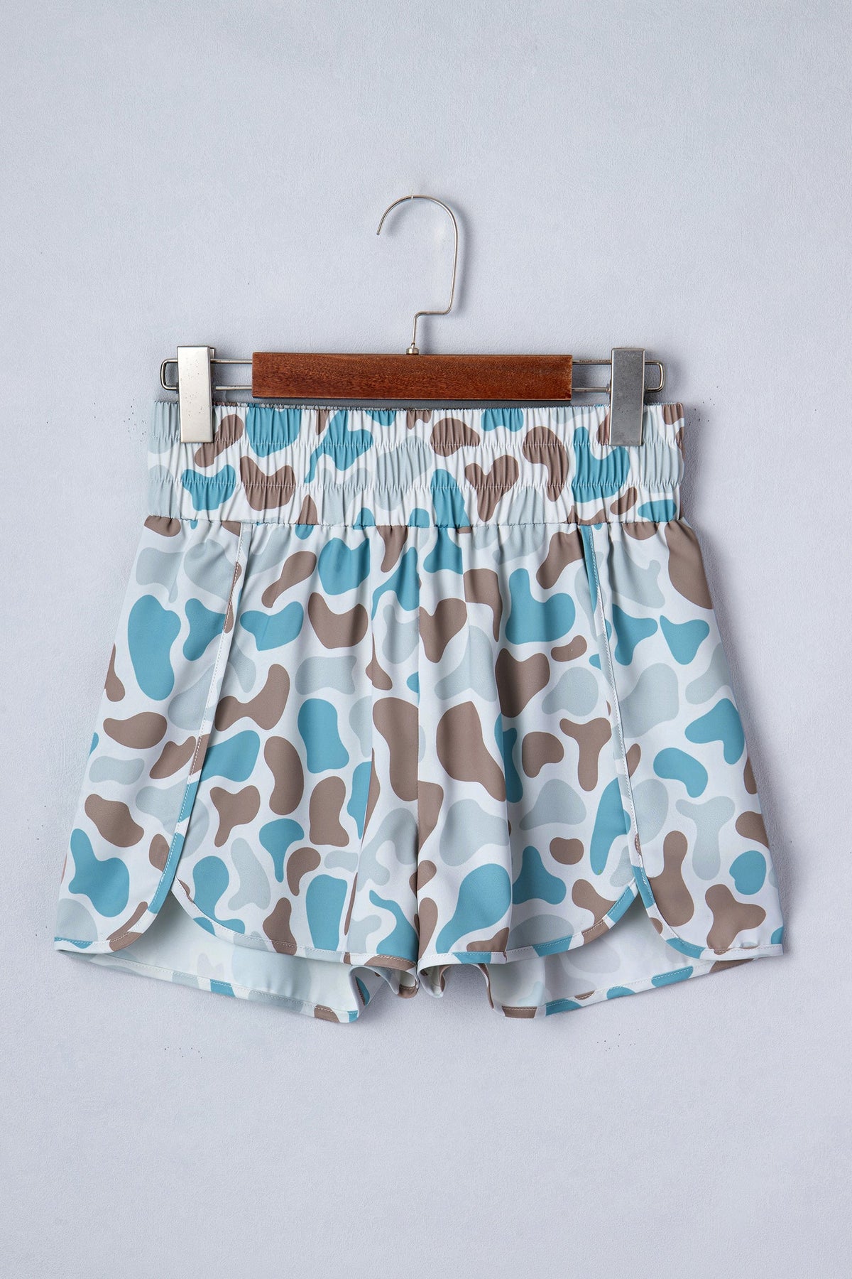 Sky Blue Camouflage Print Shirred High Waist Athleisure Shorts - Pretty Petty Co