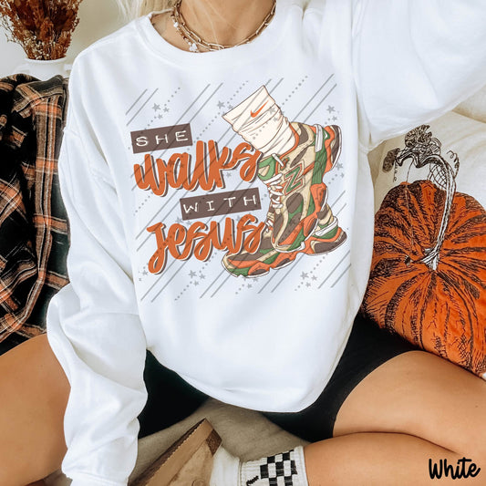 She Walks with Jesus | Christian Faith Shirt | Inspirational Religious Graphic Tee | Christian Women's Gift