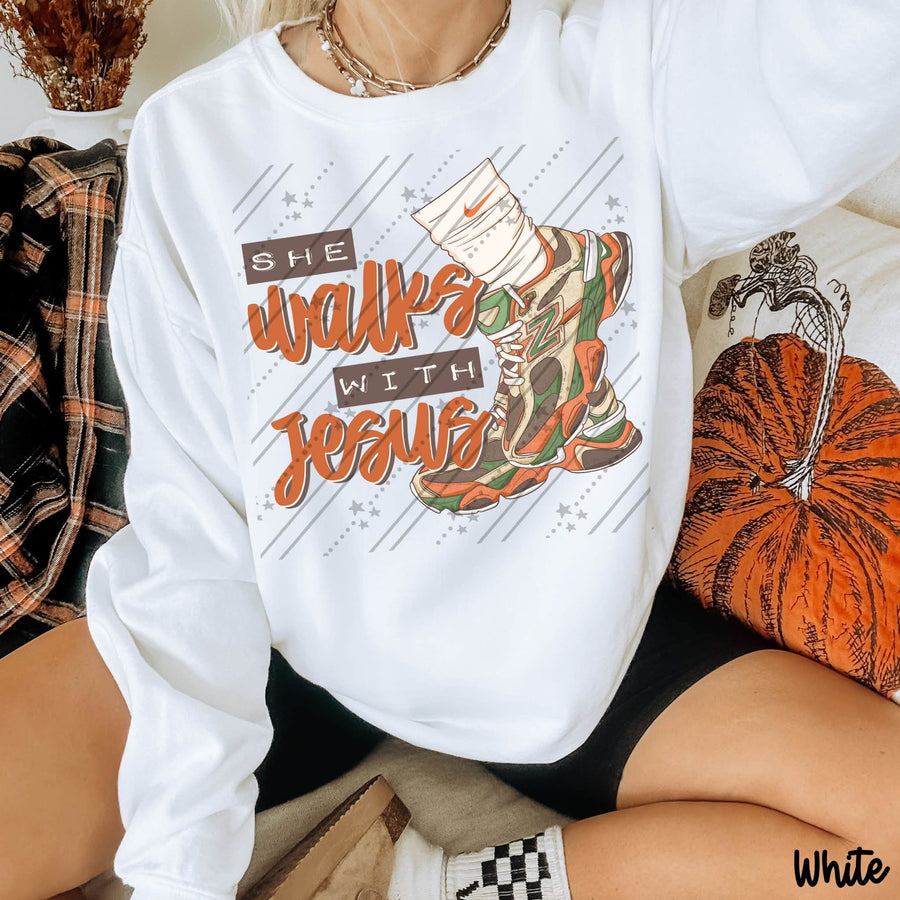 She Walks with Jesus | Christian Faith Shirt | Inspirational Religious Graphic Tee | Christian Women's Gift