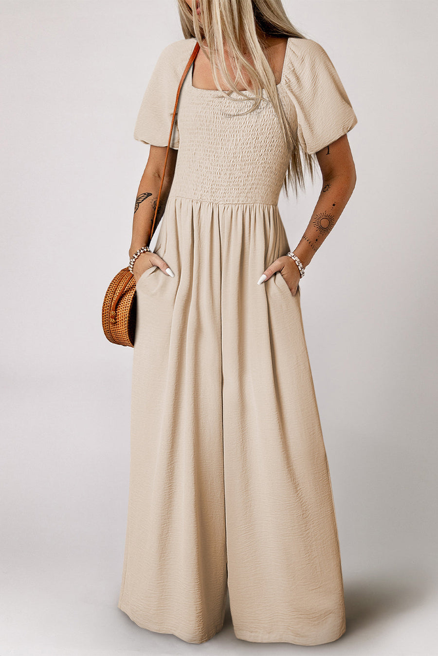 Apricot Short Bubble Sleeve Smocked Wide Leg Jumpsuit - Pretty Petty Co