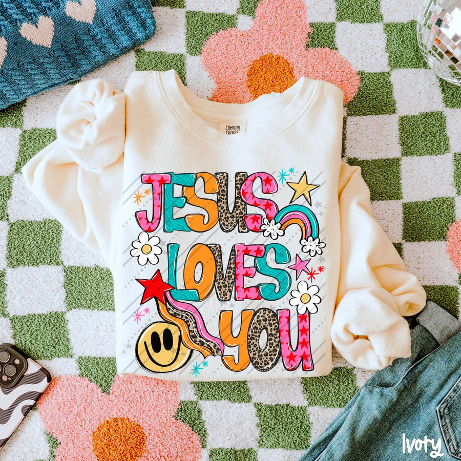 Jesus Loves You Christian Shirt | Colorful Faith Graphic Tee | Trendy Retro Christian T-Shirt | Inspirational Jesus Apparel
