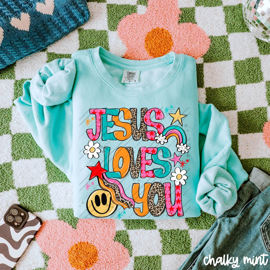 Jesus Loves You Christian Shirt | Colorful Faith Graphic Tee | Trendy Retro Christian T-Shirt | Inspirational Jesus Apparel