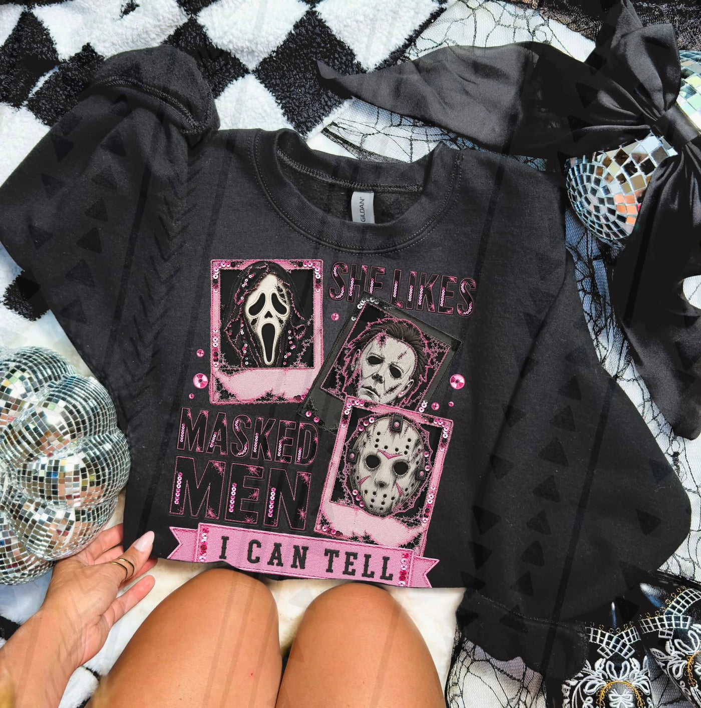 Masked Men Halloween Graphic Tee | Pink Retro Horror Inspired Spooky Shirt