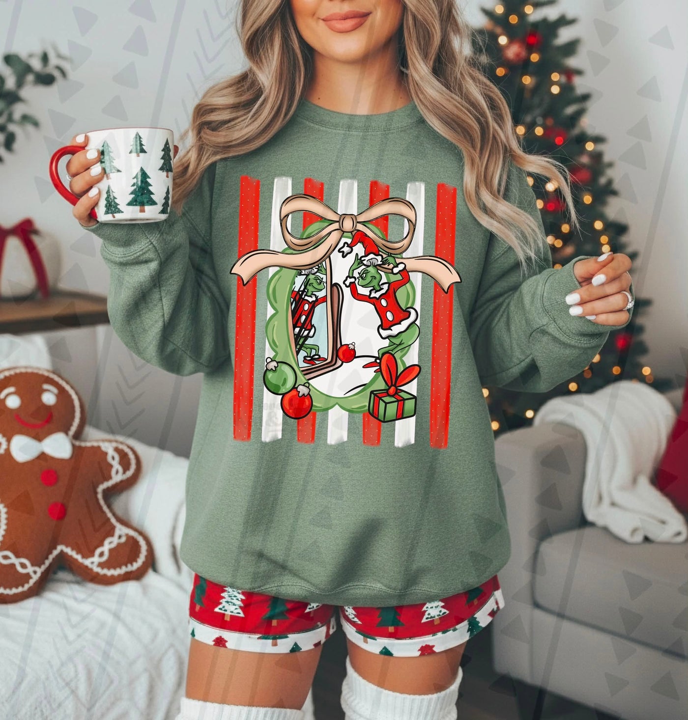 Green Holiday Character Christmas Graphic Sweatshirt | Funny Christmas Mirror Bow Shirt