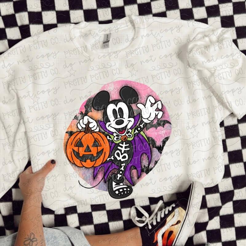 Cute Vampire Mouse Halloween Graphic Tee | Pumpkin Skeleton Spooky Character Shirt | Retro Halloween Tee