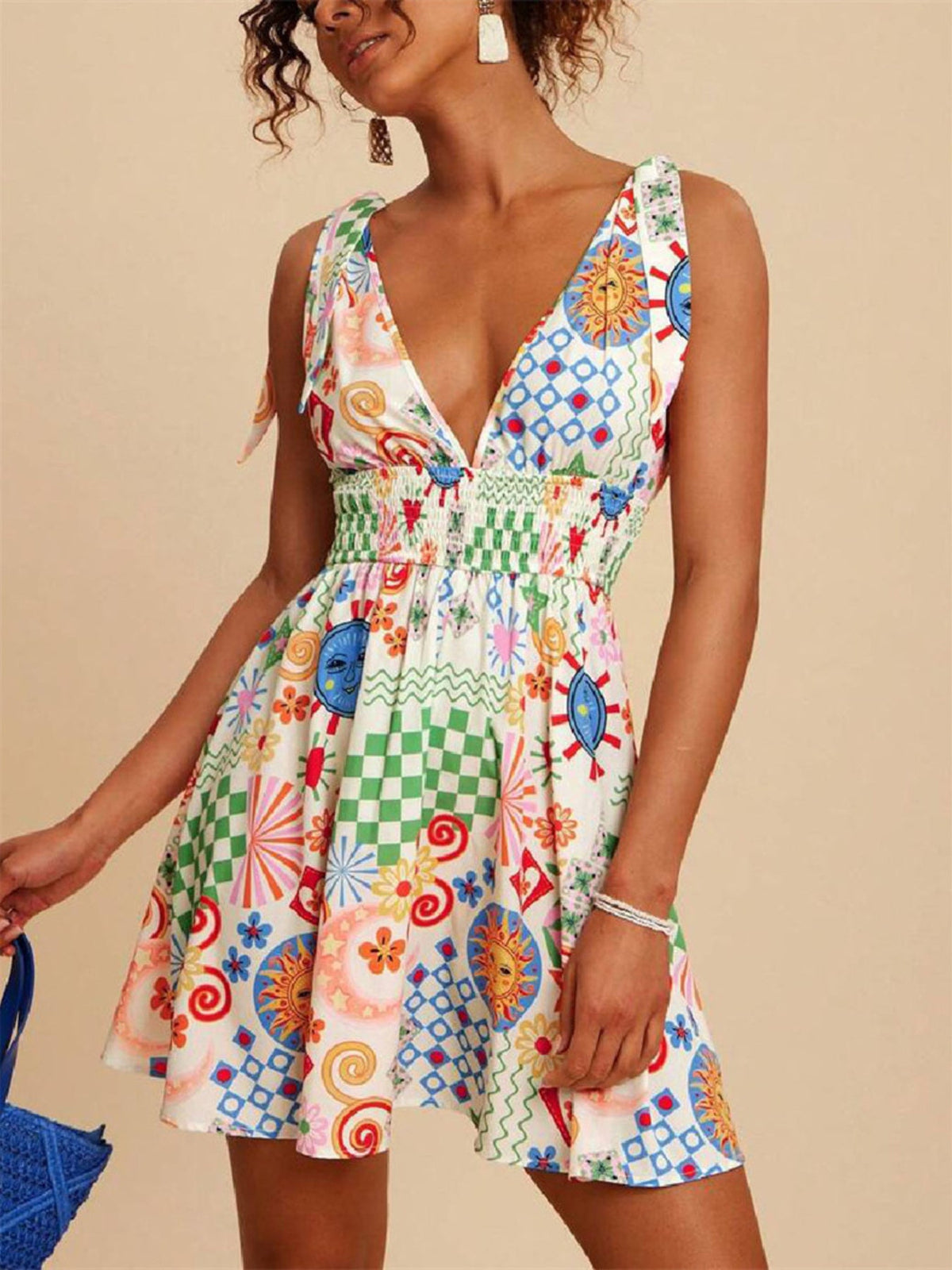 V-Neck Sleeveless Smocked Waist Printed Mini Dress - Pretty Petty Co