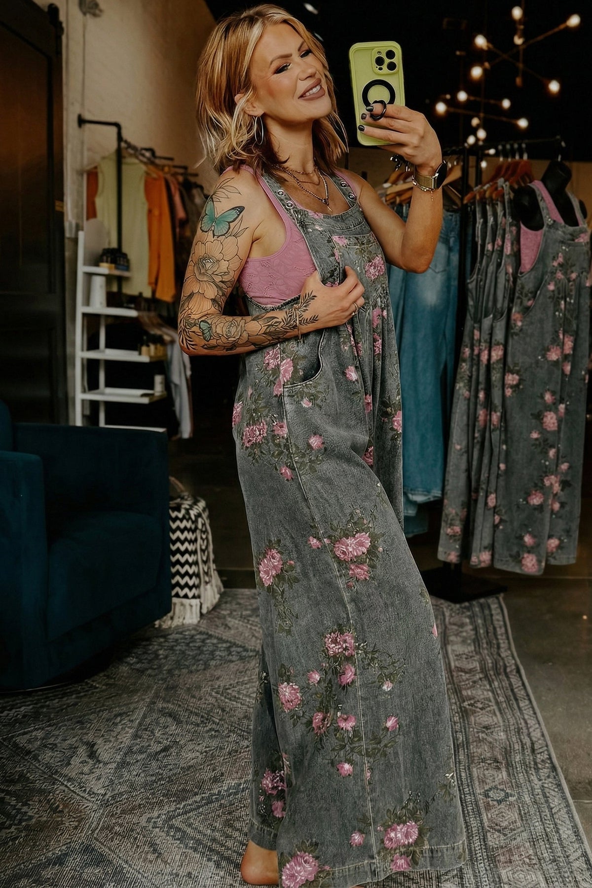 Beau Blue Floral Print Pleated High Waist Wide Leg Denim Jumpsuit - Pretty Petty Co