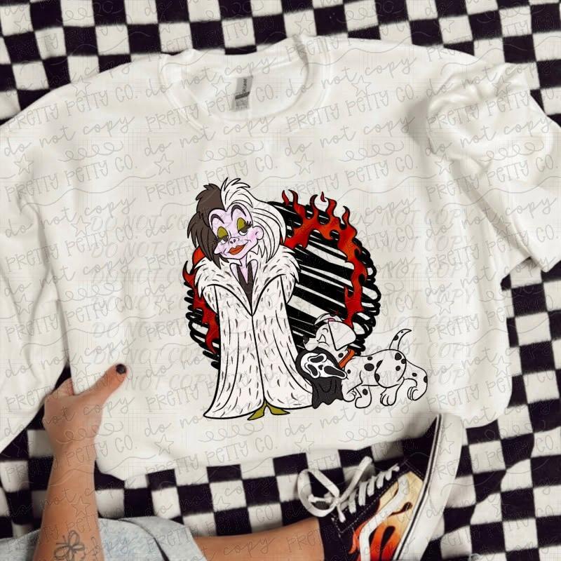 Spotted Puppy Villain Halloween Graphic Tee | Spooky Costume Dog Shirt | Retro Halloween Women’s Tee