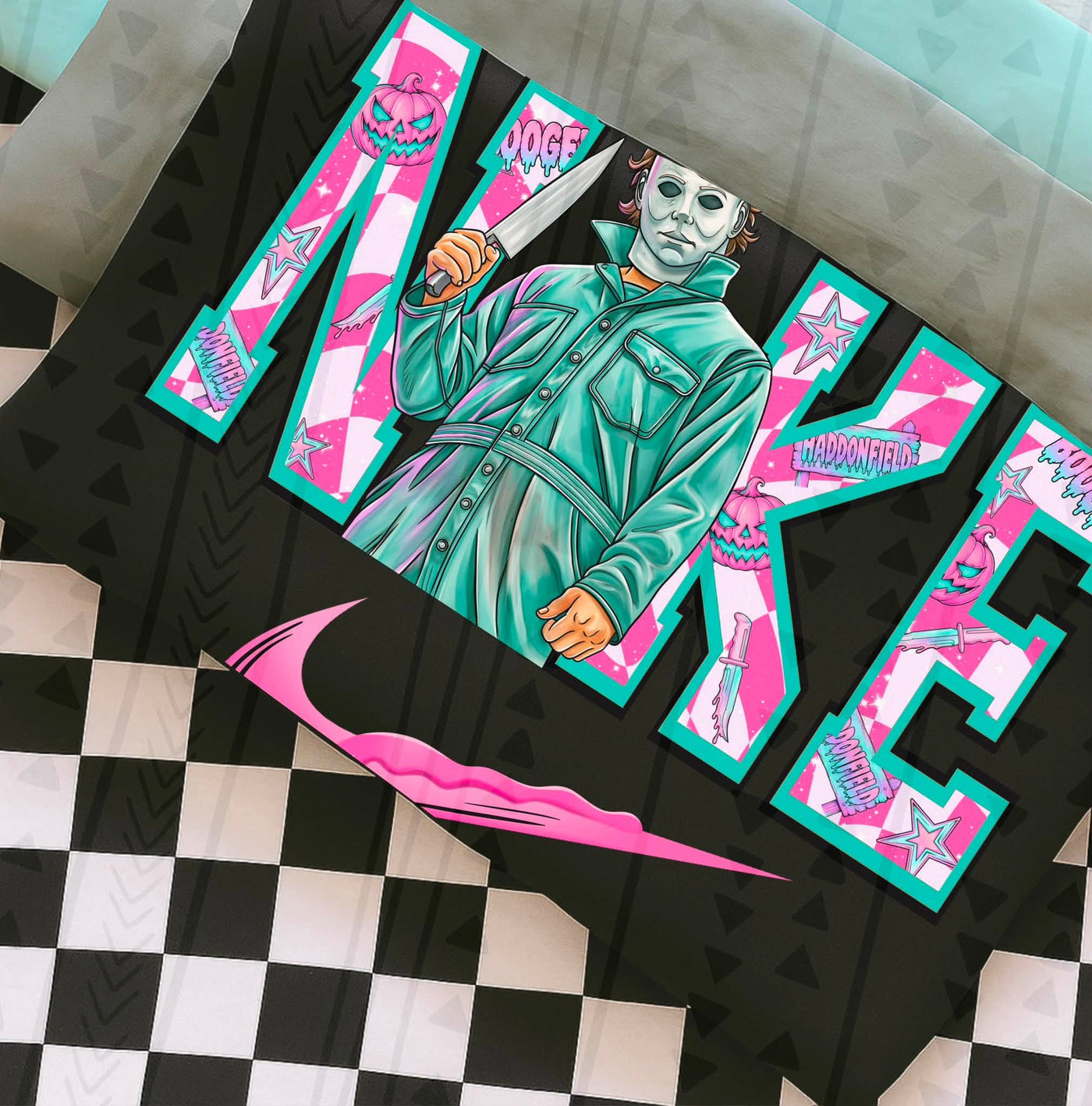 Retro Masked Killer Halloween Graphic Tee | Pink & Teal Slasher Shirt