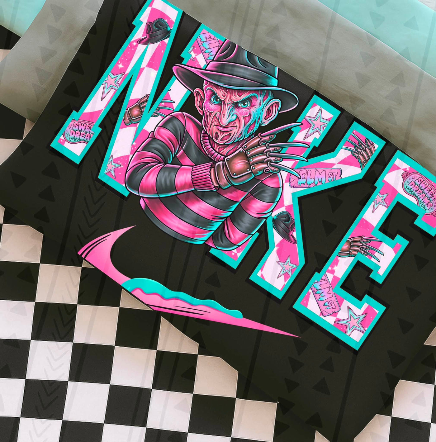 Retro Dream Killer Halloween Graphic Tee | Pink & Teal Horror Shirt