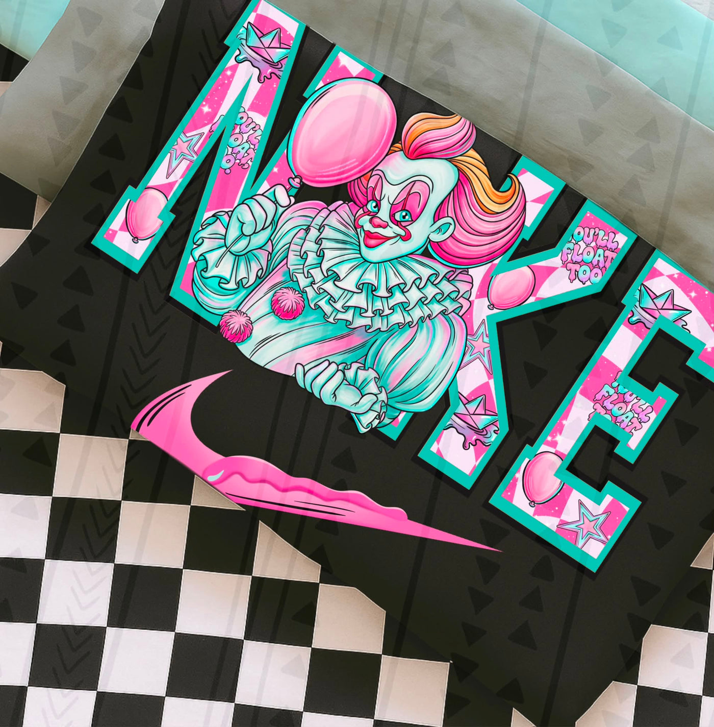Retro Killer Clown Halloween Graphic Tee | Pink & Teal Horror Shirt
