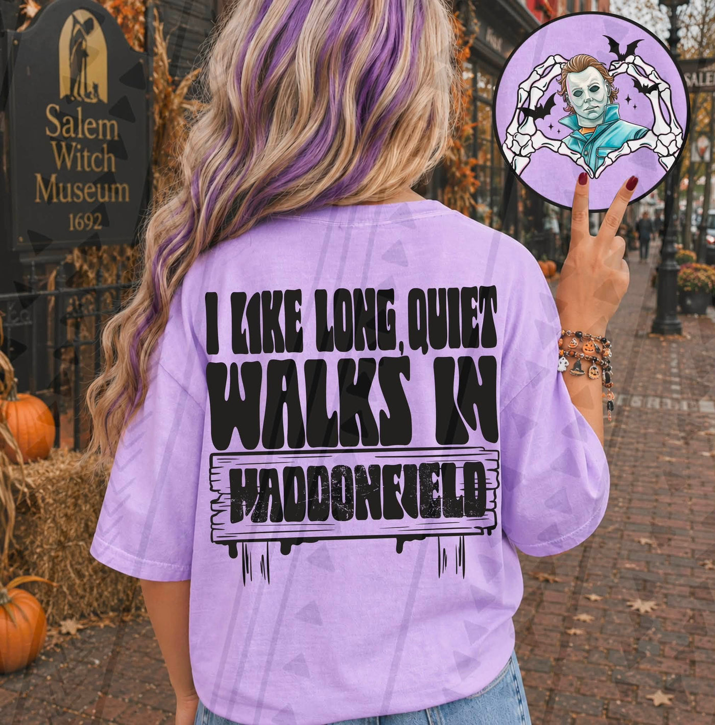 I Like Long Quiet Walks in Haddonfield Graphic Tee – Retro Slasher Halloween Shirt