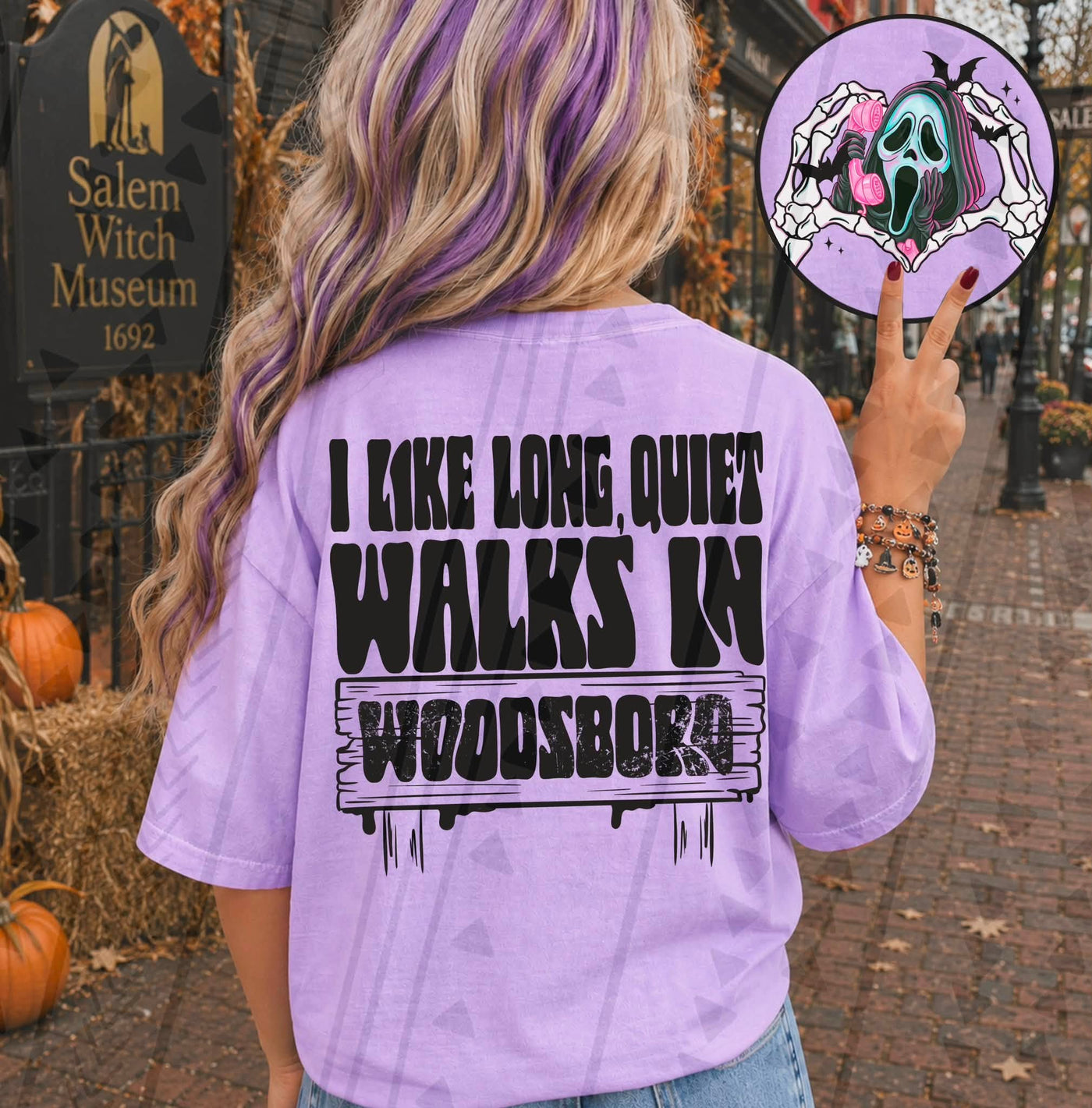 I Like Long Quiet Walks in Woodsboro Graphic Tee – Funny Spooky Horror Shirt