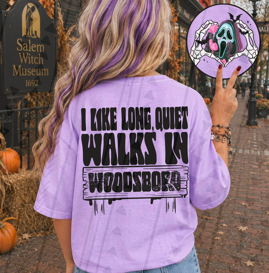 I Like Long Quiet Walks in Woodsboro Graphic Tee – Funny Spooky Horror Shirt
