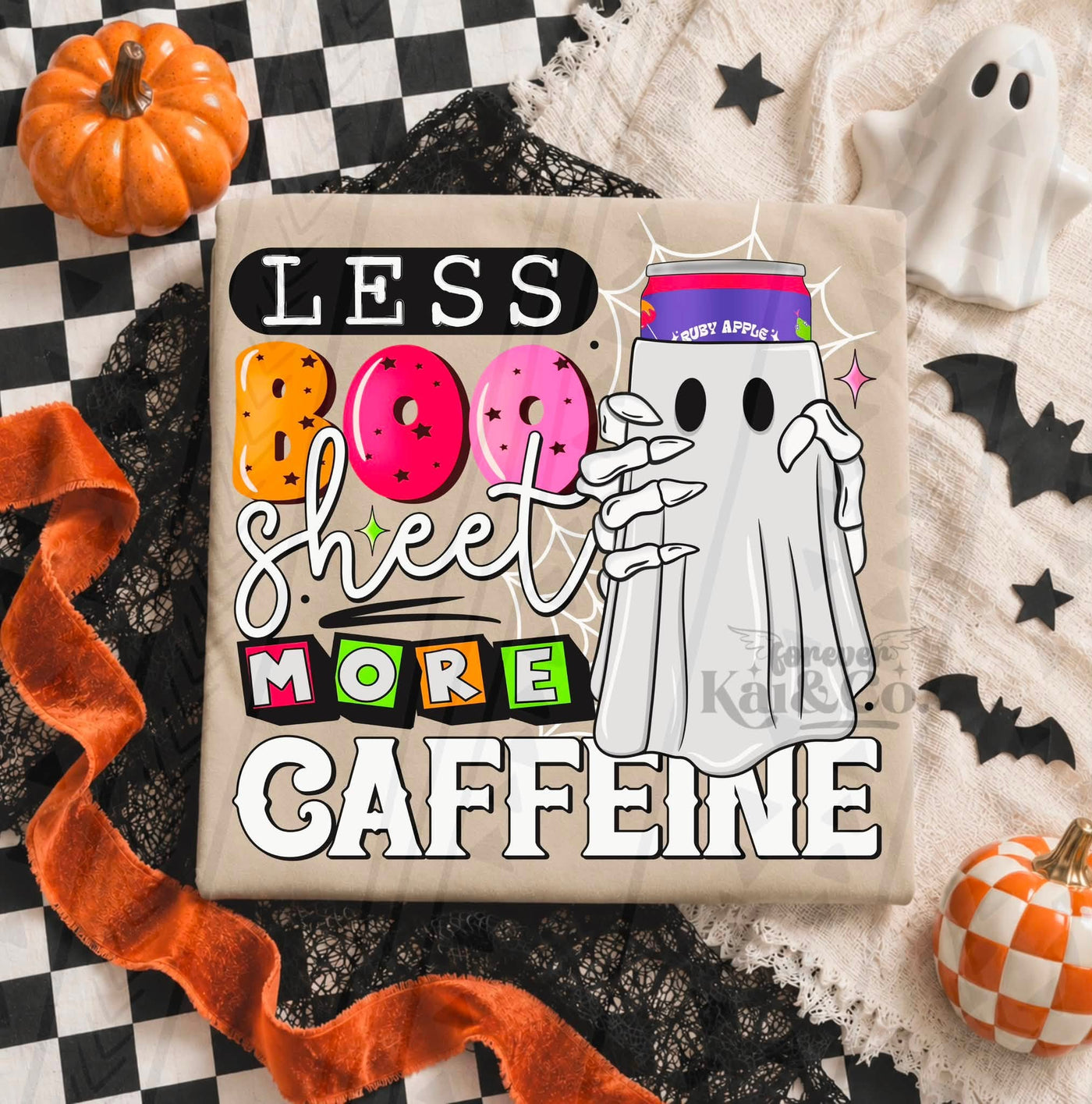 Less Boo Sheet More Caffeine Graphic Tee – Funny Halloween Energy Drink Shirt