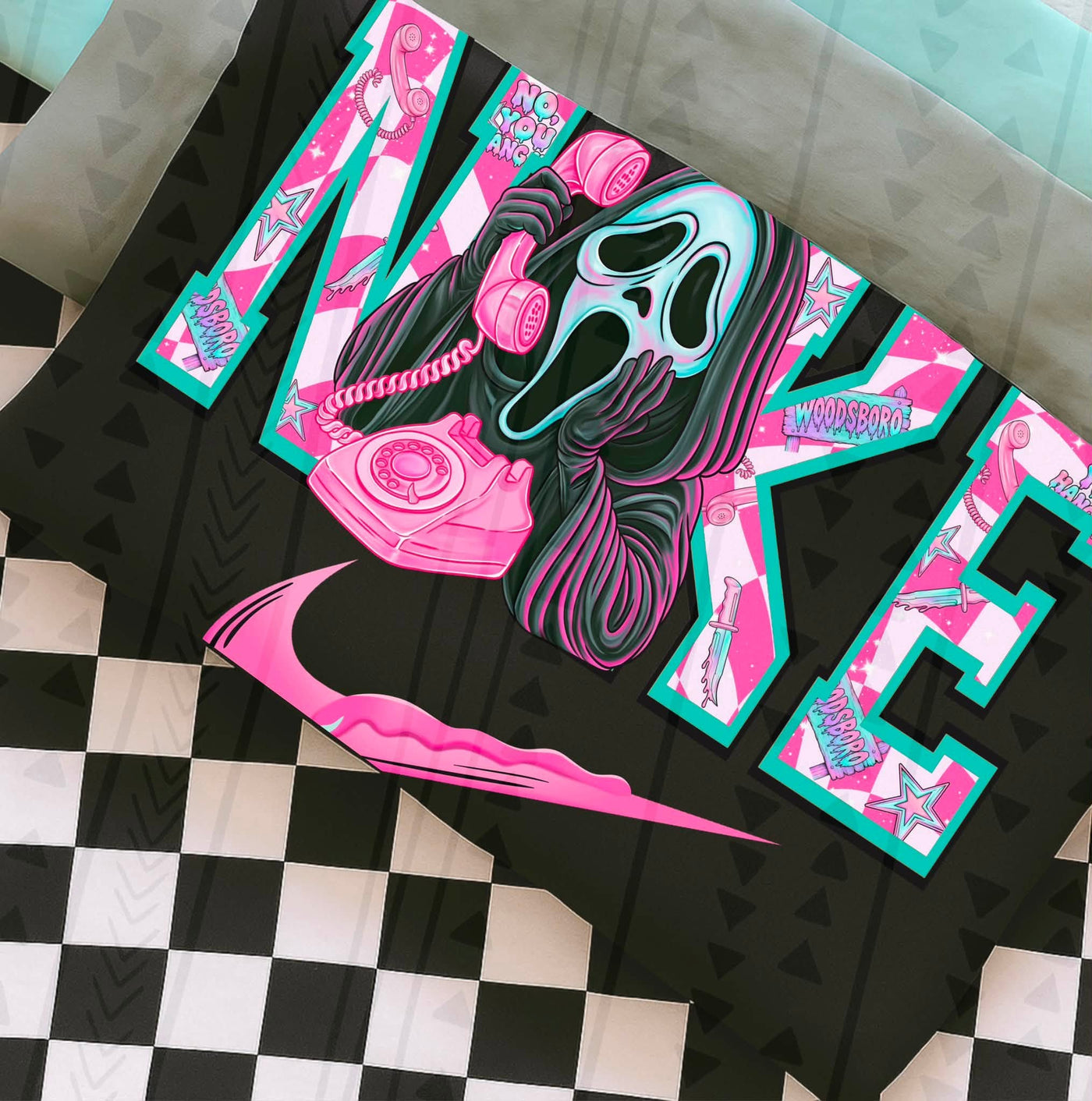 Retro Scream Mask Halloween Graphic Tee | Pink & Teal Horror Shirt