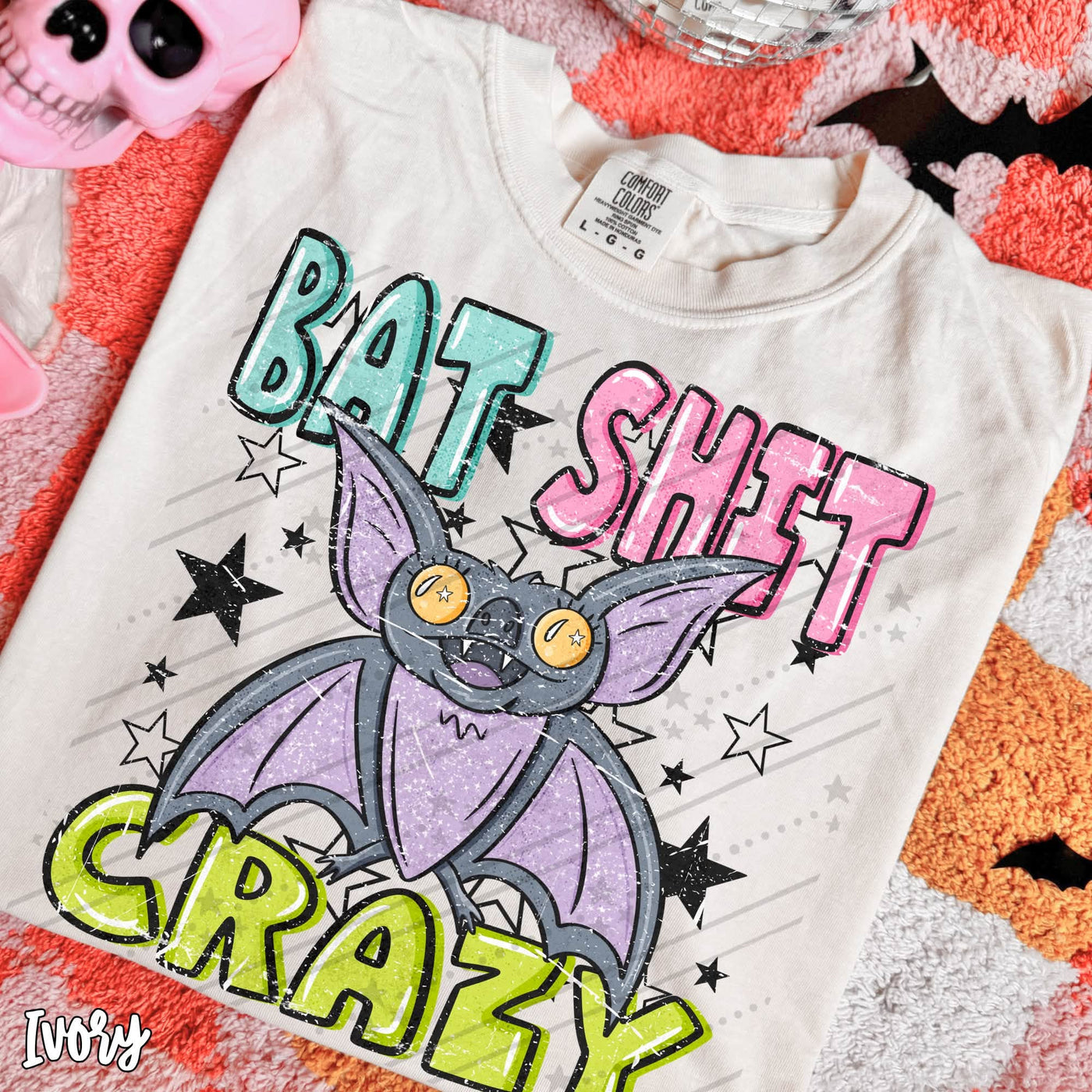 Bat Shit Crazy Halloween Graphic Tee | Funny Retro Bat Shirt | Colorful Spooky Season Halloween T-Shirt