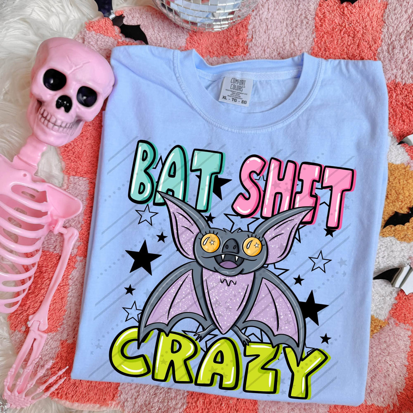 Bat Shit Crazy Halloween Graphic Tee | Funny Retro Bat Shirt | Colorful Spooky Season Halloween T-Shirt