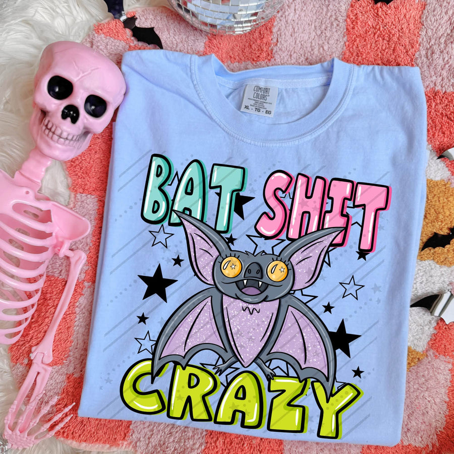 Bat Shit Crazy Halloween Graphic Tee | Funny Retro Bat Shirt | Colorful Spooky Season Halloween T-Shirt