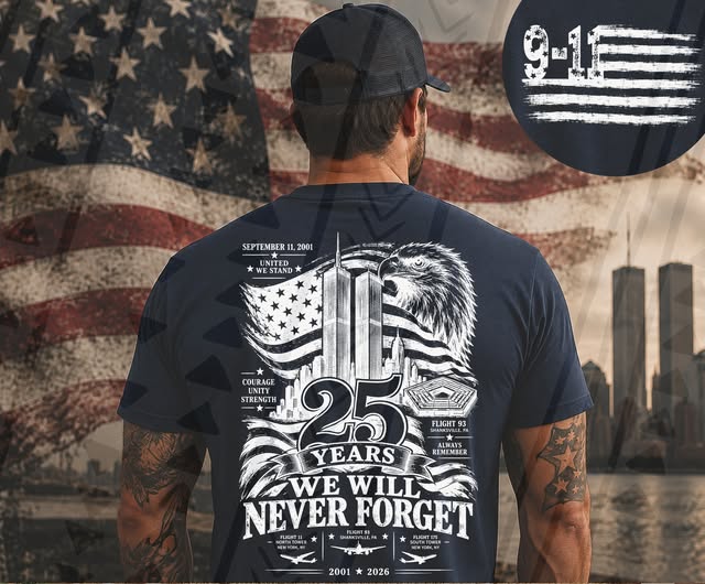 9/11 25th Anniversary Never Forget Patriotic Memorial Graphic Tee