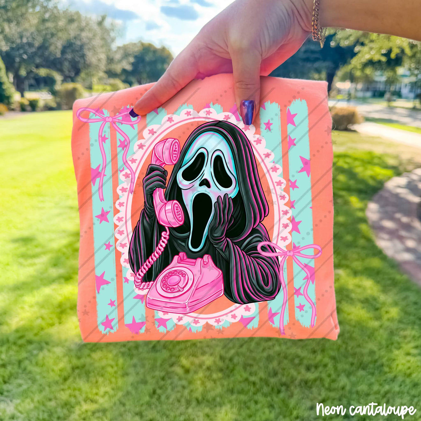 GF Pink Phone Halloween Graphic Tee | Girly Slasher Horror Shirt | Coquette Spooky Season Tee
