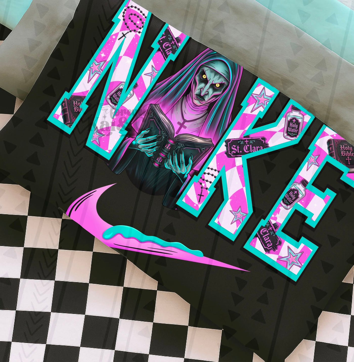 Retro Haunted Nun Halloween Graphic Tee | Pink & Teal Horror Shirt