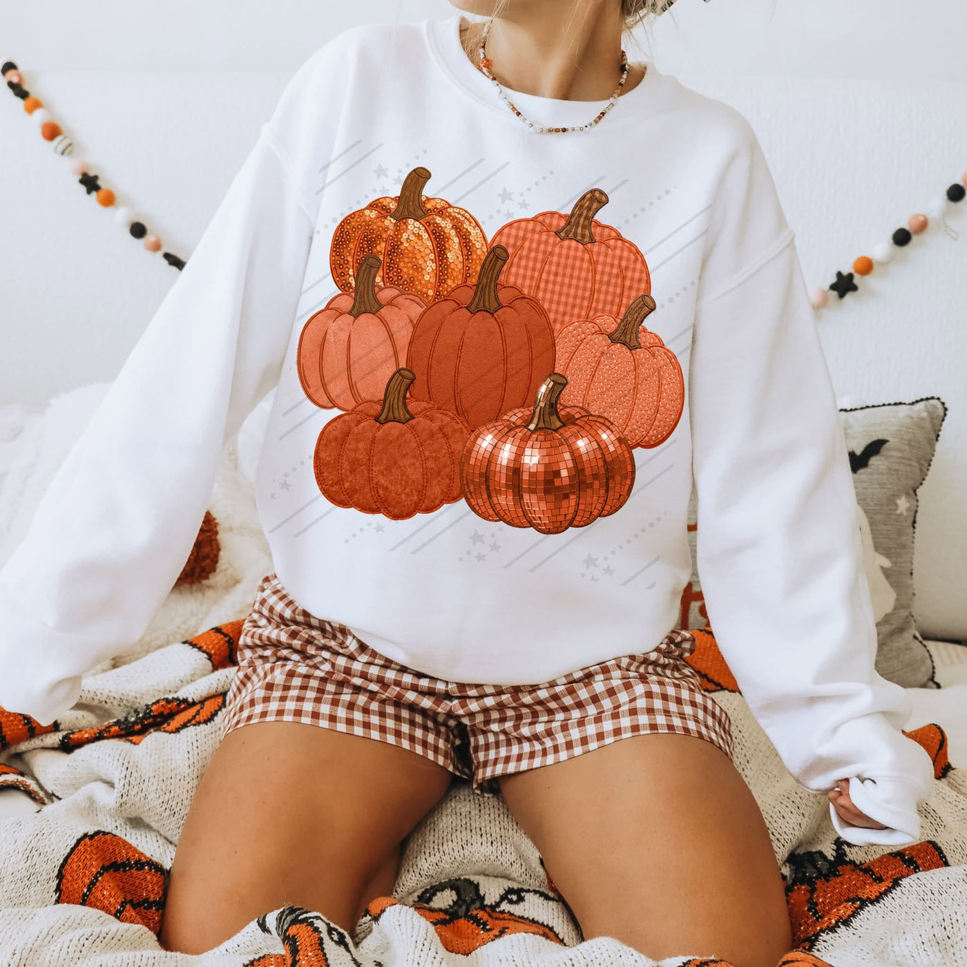 Mixed Pumpkin Patch Fall Sweatshirt | Sequin Gingham Pumpkin Graphic | Cute Autumn Crewneck