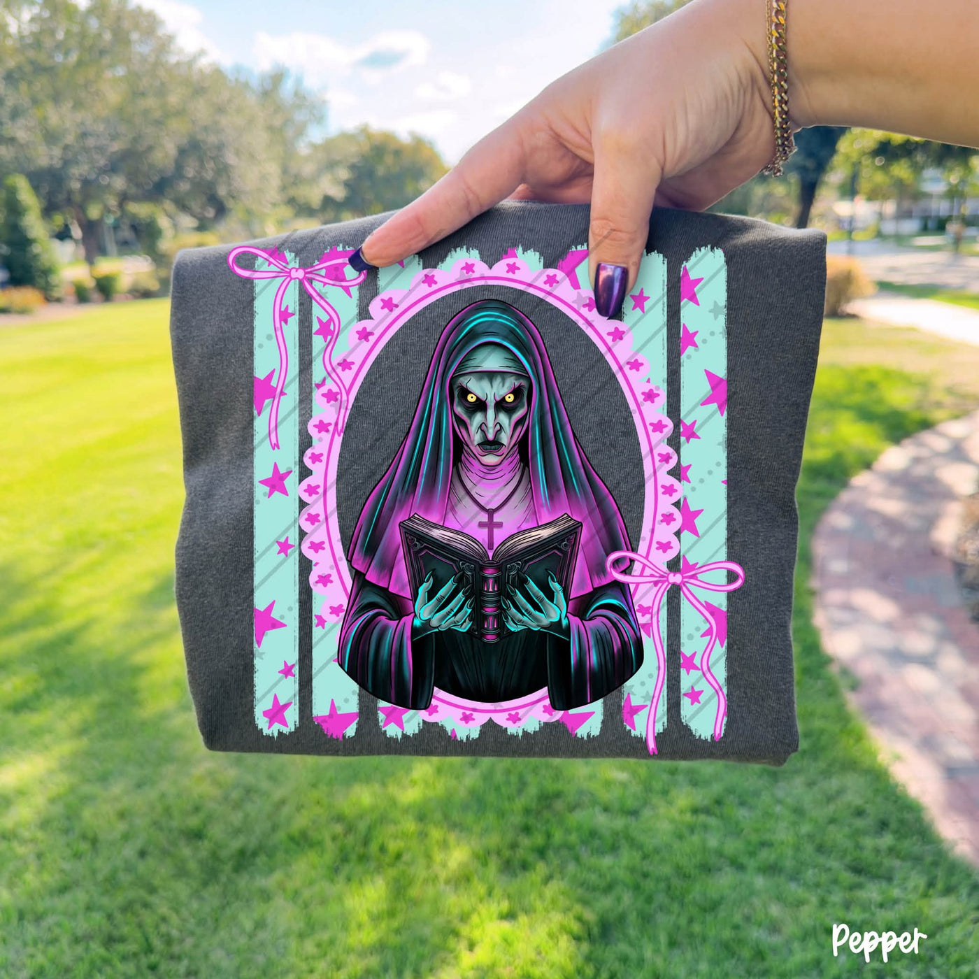 Creepy Nun Coquette Halloween Graphic Tee | Pastel Horror Shirt | Girly Spooky Season Tee