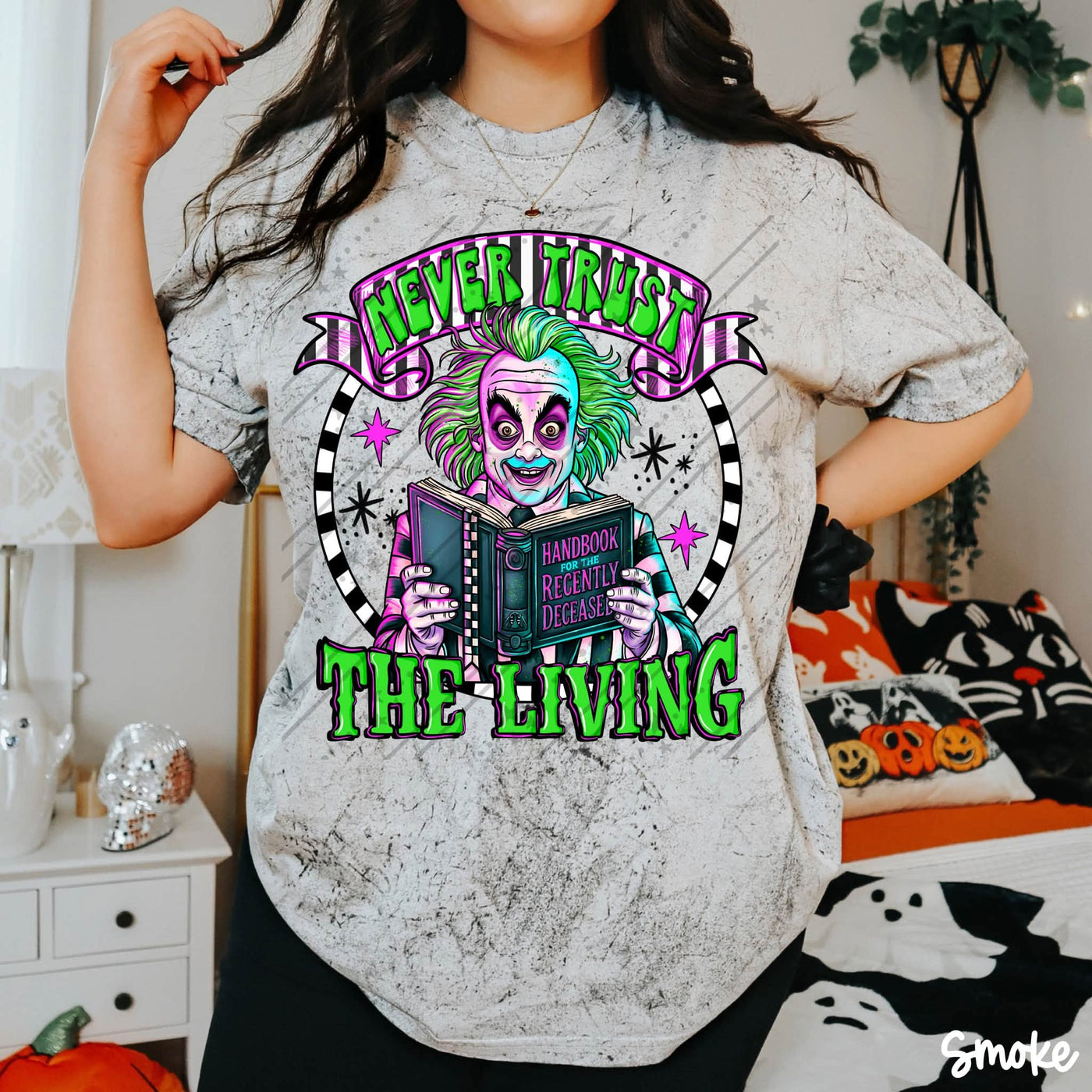 Never Trust The Living Graphic Tee | Spooky Handbook Halloween Shirt | Retro Horror Graphic Tee