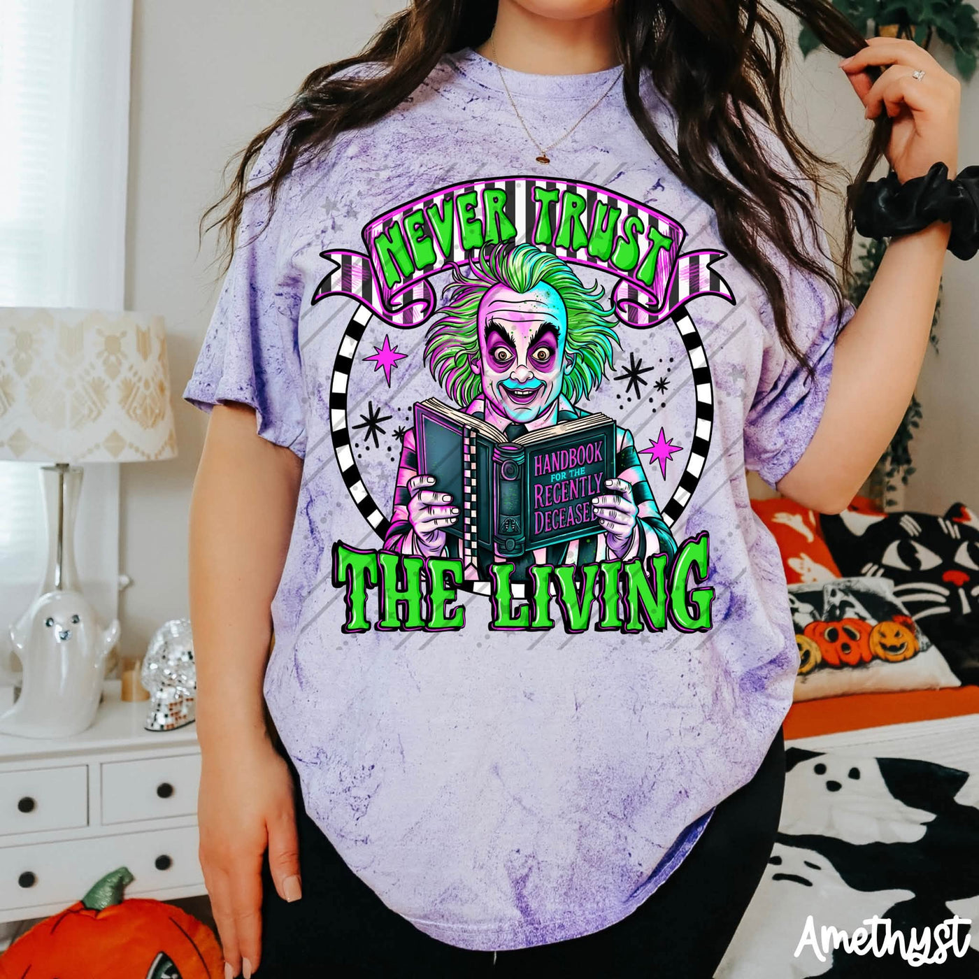 Never Trust The Living Graphic Tee | Spooky Handbook Halloween Shirt | Retro Horror Graphic Tee