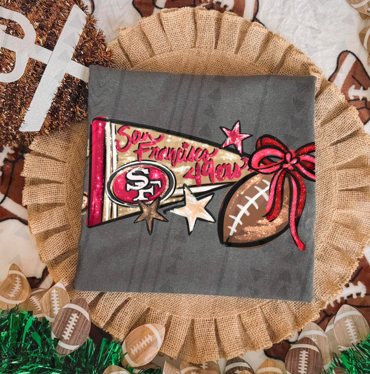 San Francisco 49ers Football Coquette Bow Graphic Tee – Girly Game Day Shirt