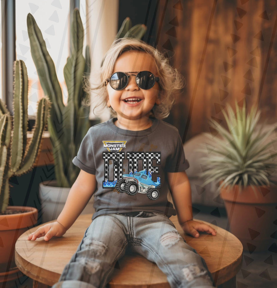 Monster Truck Dude Faux Embroidery Graphic Tee – Racing Kids Shirt – Unisex DTF Print - Pretty Petty Co