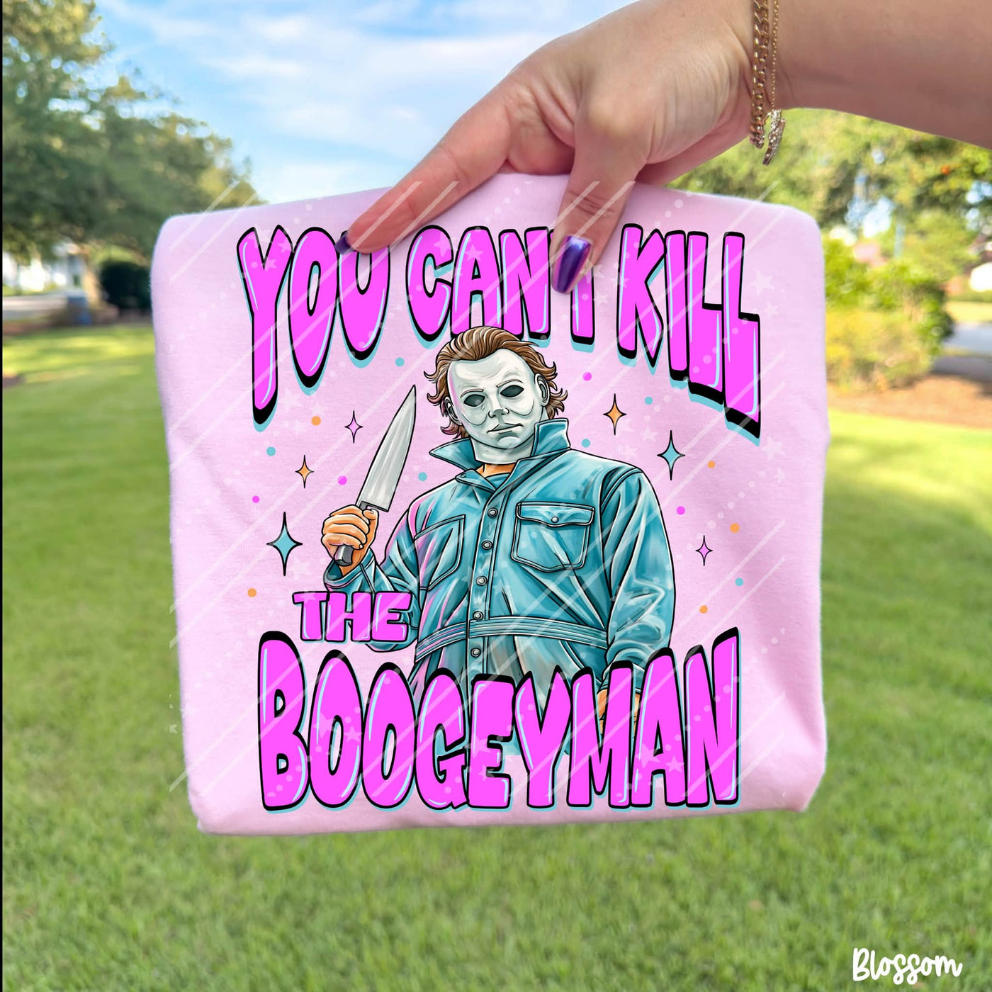 You Can’t Kill the Boogeyman Halloween Graphic Tee | Retro Horror Slasher Shirt | Spooky Season Halloween T-Shirt | Pink Horror Tee