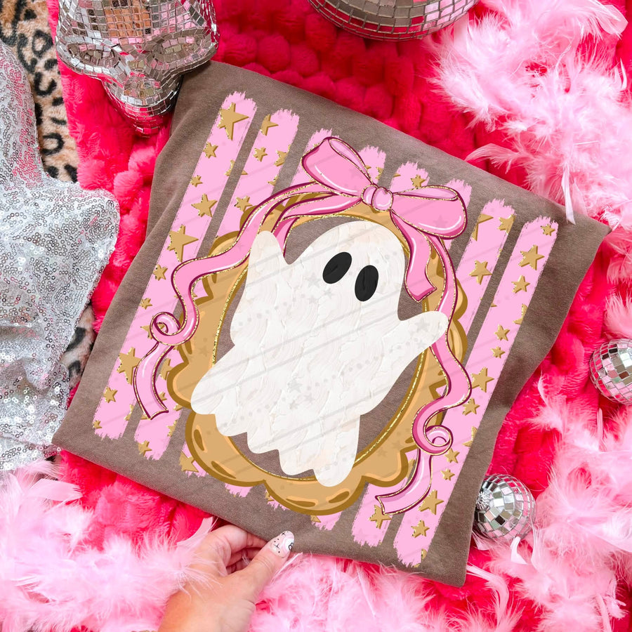 Pink Bow Ghost Halloween Graphic Tee – Cute Girly Spooky Shirt