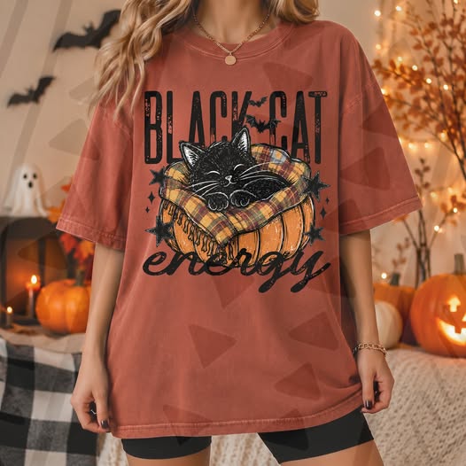 Black Cat Energy Halloween Graphic Tee | Cute Black Cat Pumpkin Spooky Season Shirt