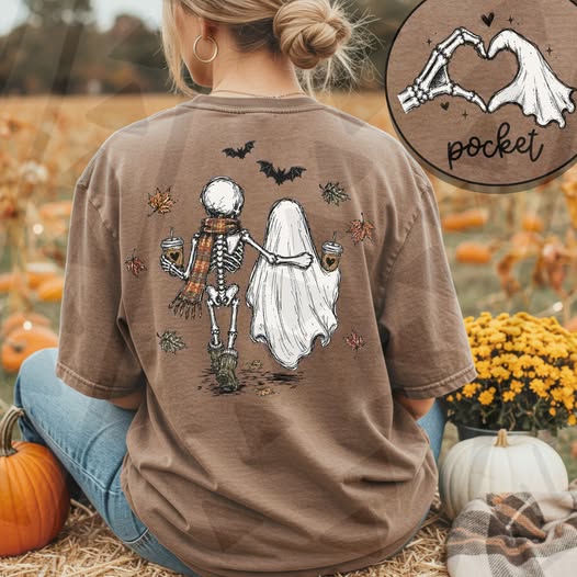 Skeleton Ghost Besties Halloween Pocket Tee | Cute Spooky Fall Front and Back Graphic Shirt