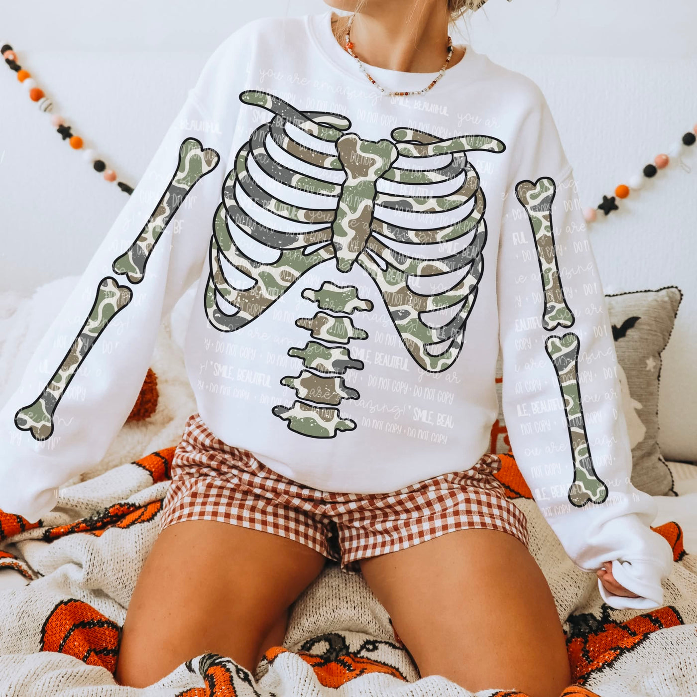 Camo Skeleton Graphic Sweatshirt – Halloween Ribcage Crewneck