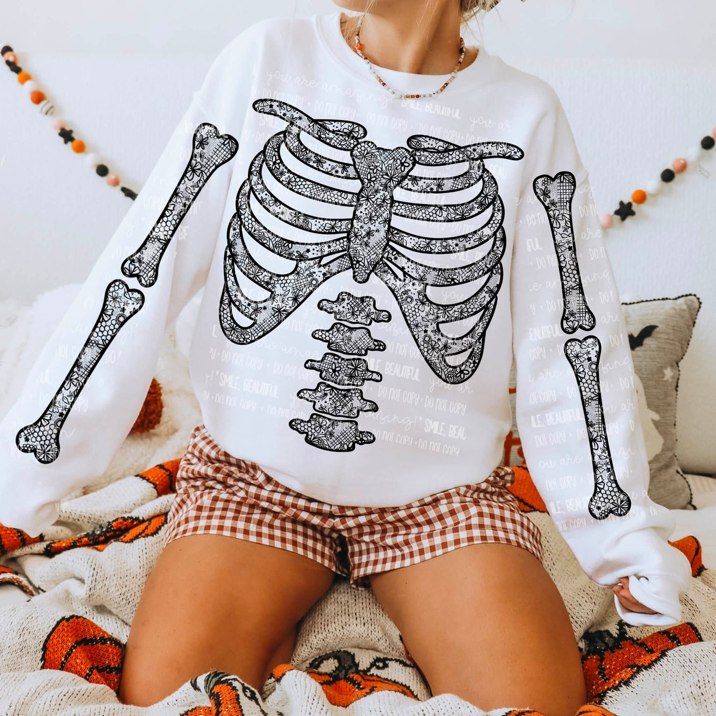 Floral Skeleton Graphic Sweatshirt – Boho Halloween Ribcage Crewneck