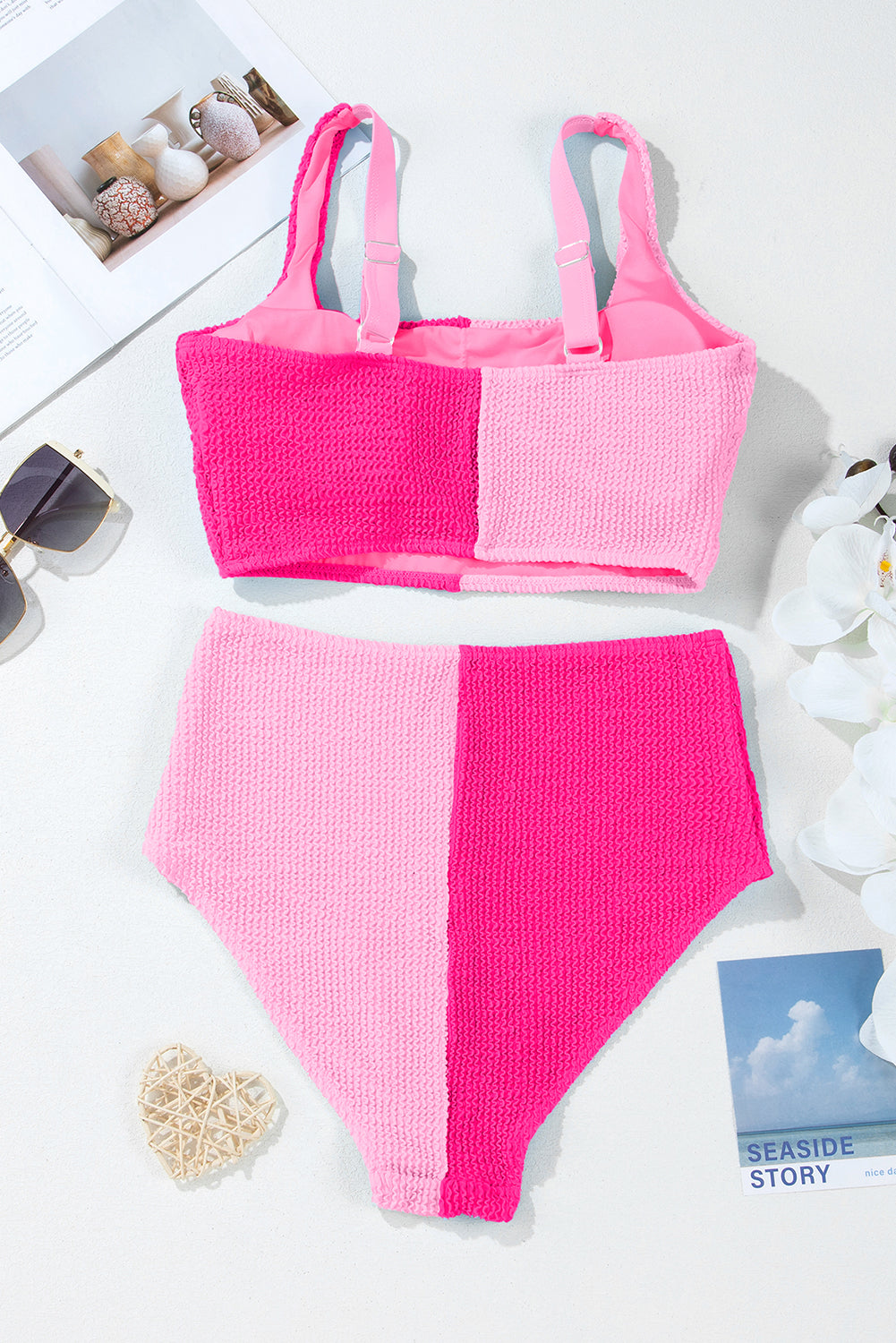Pink Corded Colorblock Square Neck Bikini Swimsuit - Pretty Petty Co