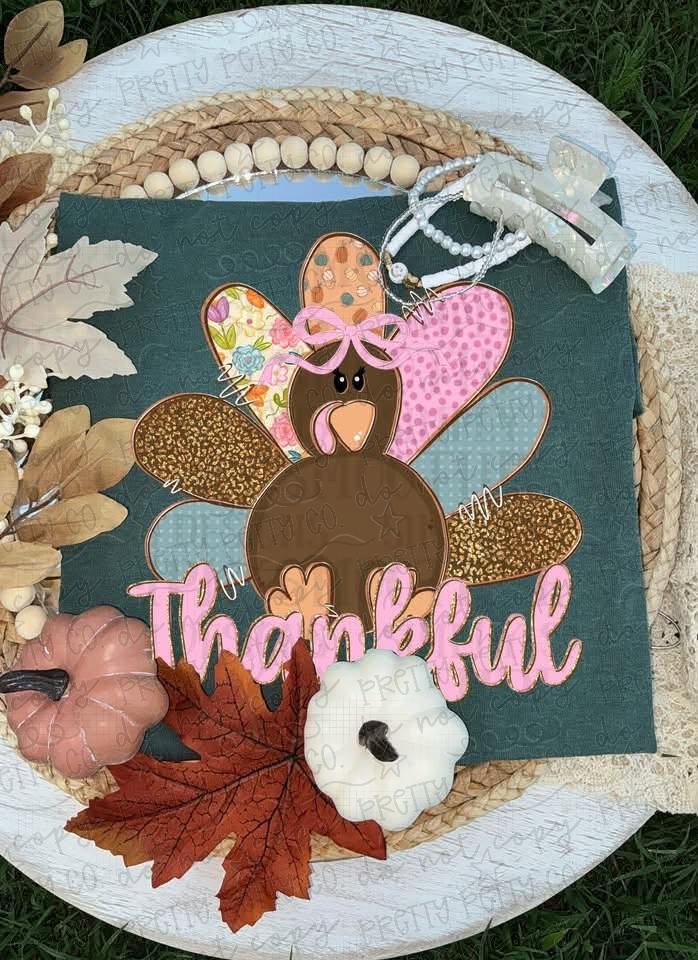 Thankful Turkey Shirt | Cute Thanksgiving Graphic Tee | Pink Bow Turkey Shirt | Trendy Fall Thanksgiving Tee
