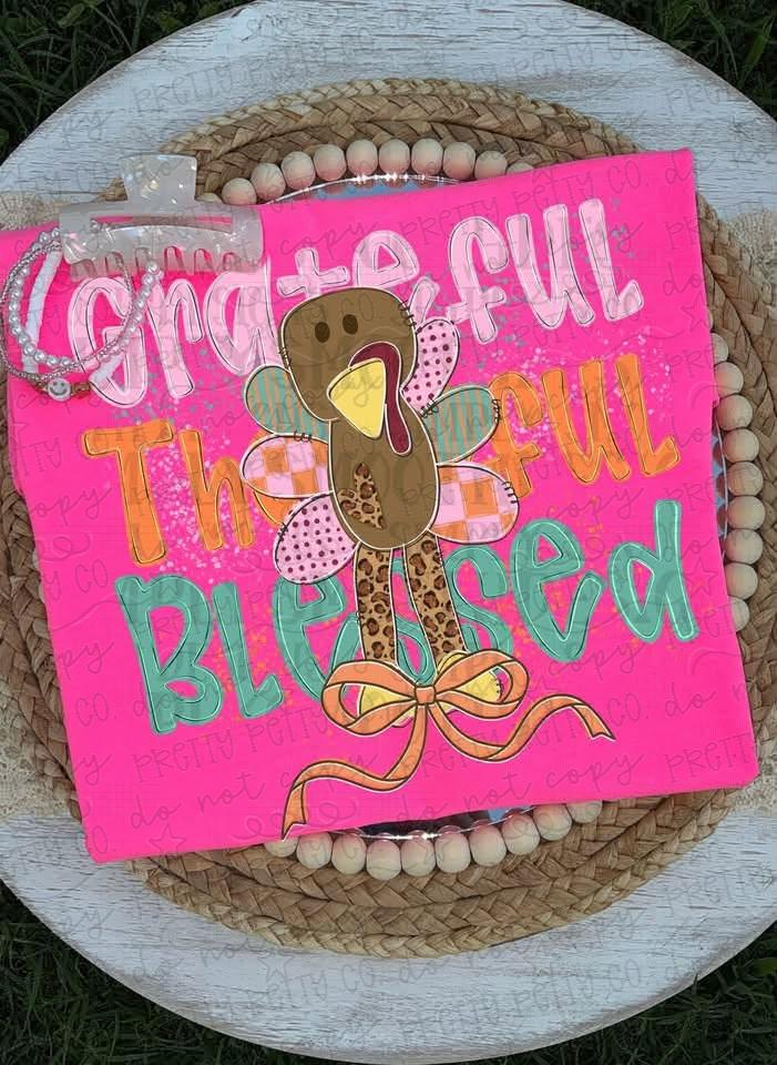Grateful Thankful Blessed Shirt | Colorful Turkey Thanksgiving Tee | Preppy Thanksgiving Graphic Shirt | Pink Fall Turkey Tee