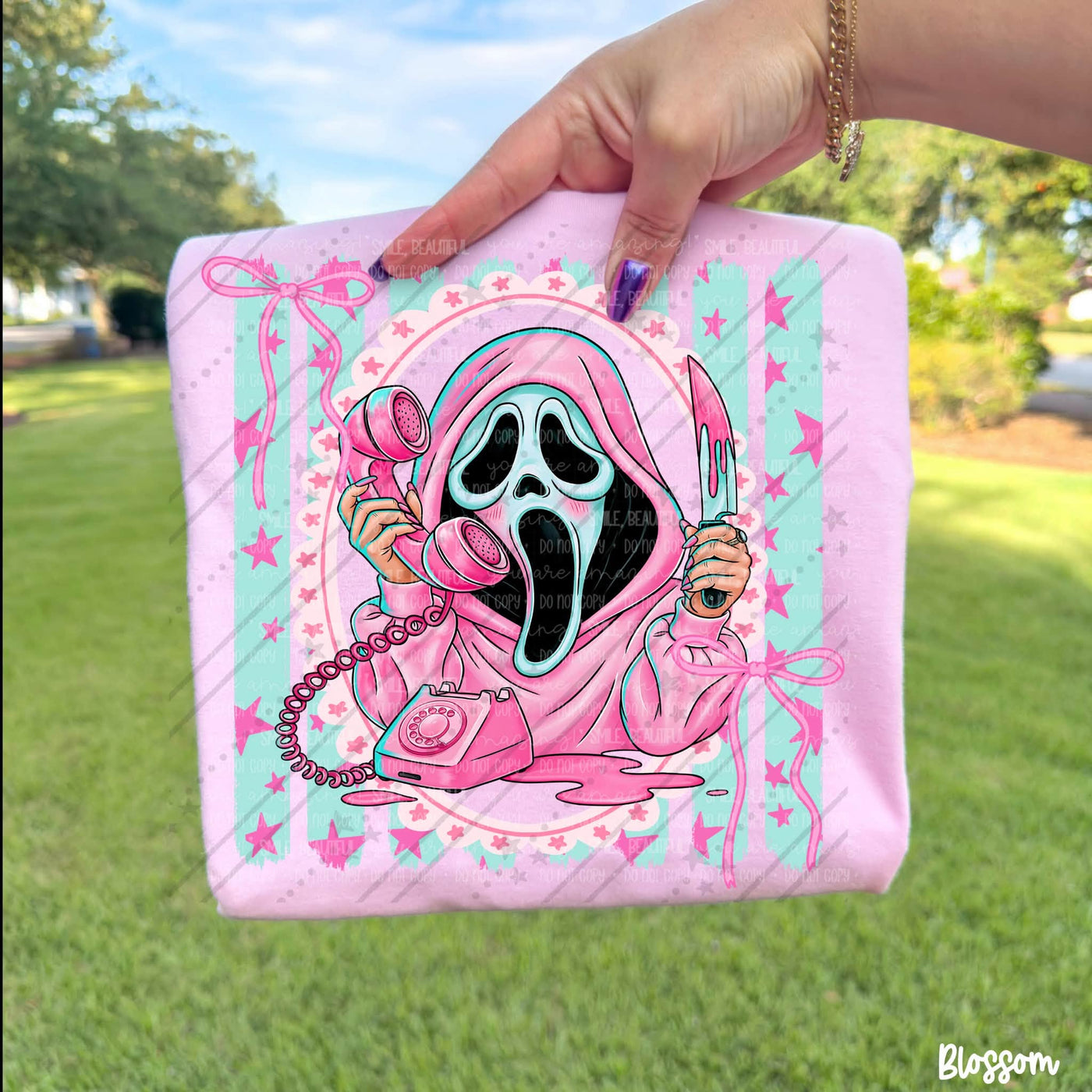 Girly Horror Halloween Graphic Tee | Pink Bow Spooky Character Shirt | Cute Killer Halloween T-Shirt