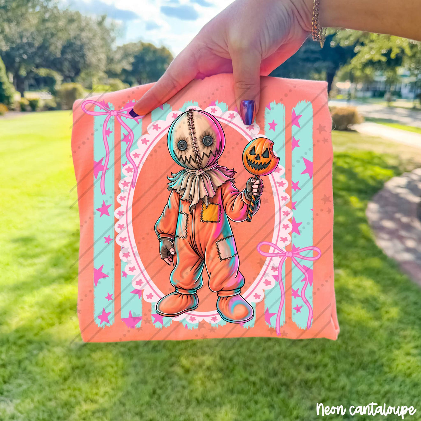 Girly Horror Halloween Graphic Tee | Pink Bow Spooky Character Shirt | Cute Killer Halloween T-Shirt