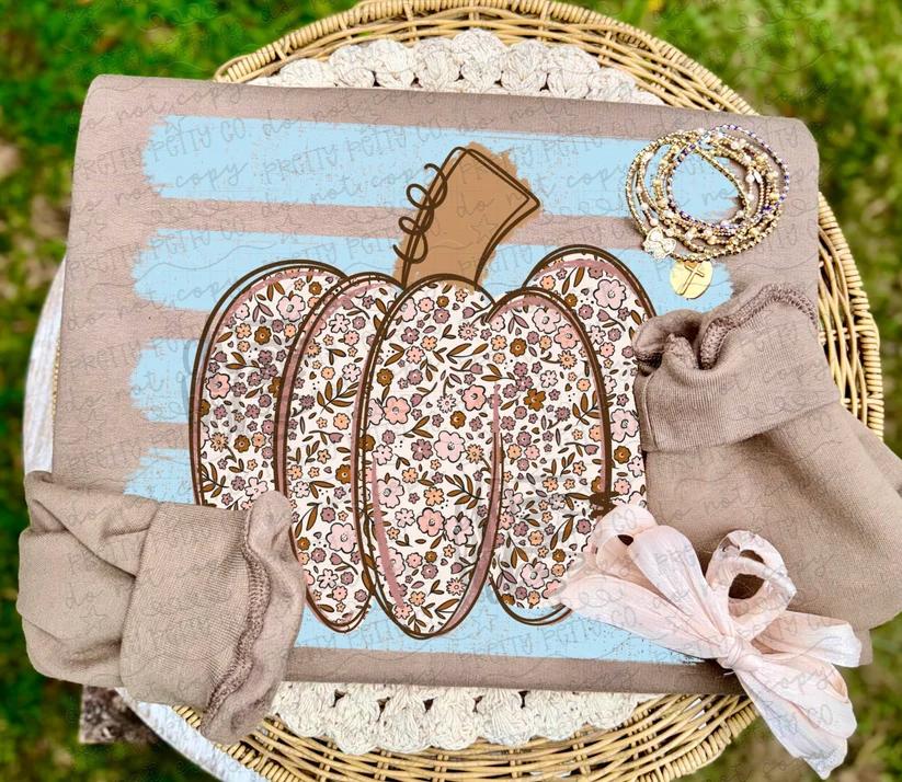 Floral Pumpkin Fall Sweatshirt | Vintage Boho Pumpkin Graphic Crewneck | Blue Striped Autumn Shirt | Cute Fall Outfit