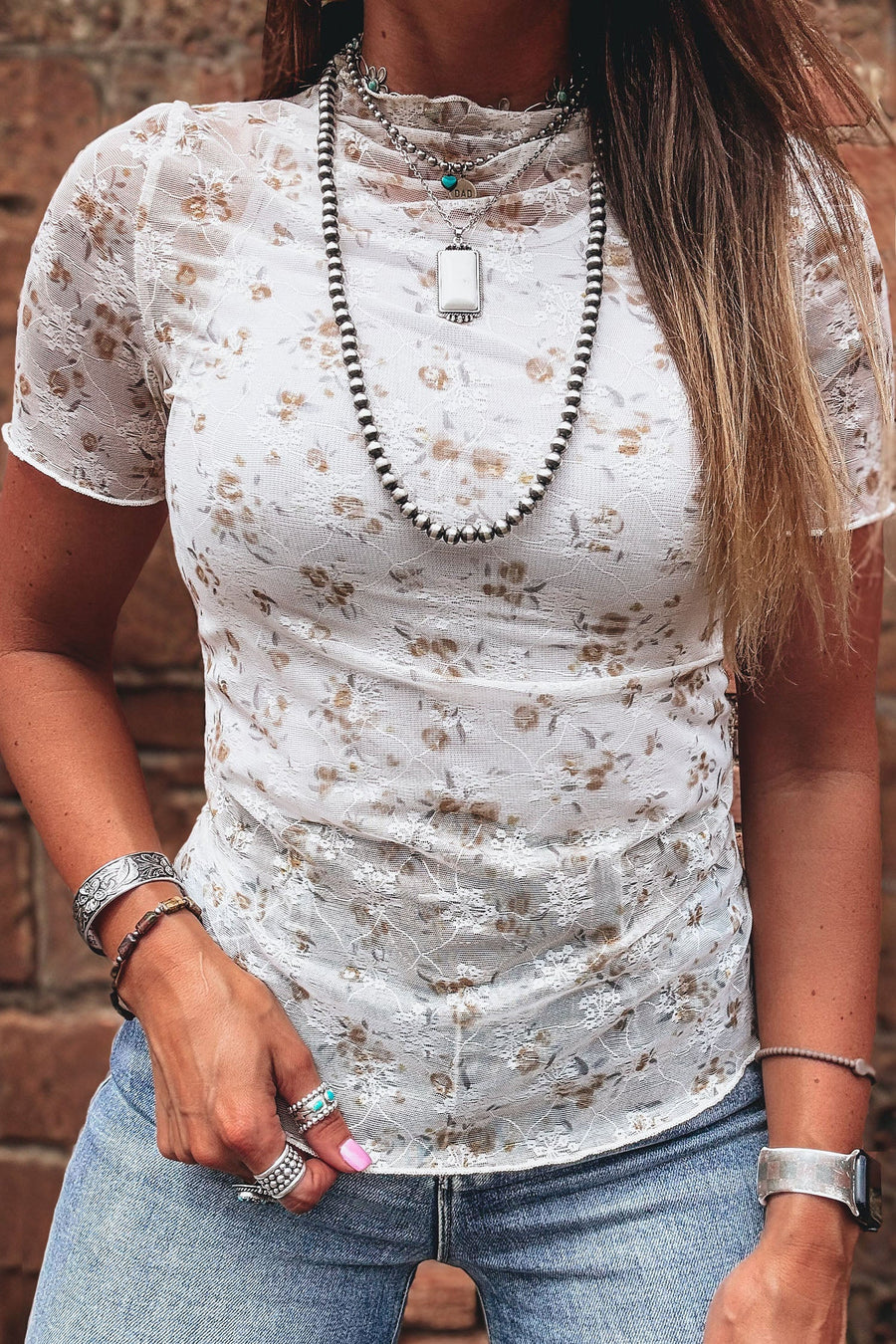 White Mock Neck Short Sleeve Floral Mesh Top - Pretty Petty Co
