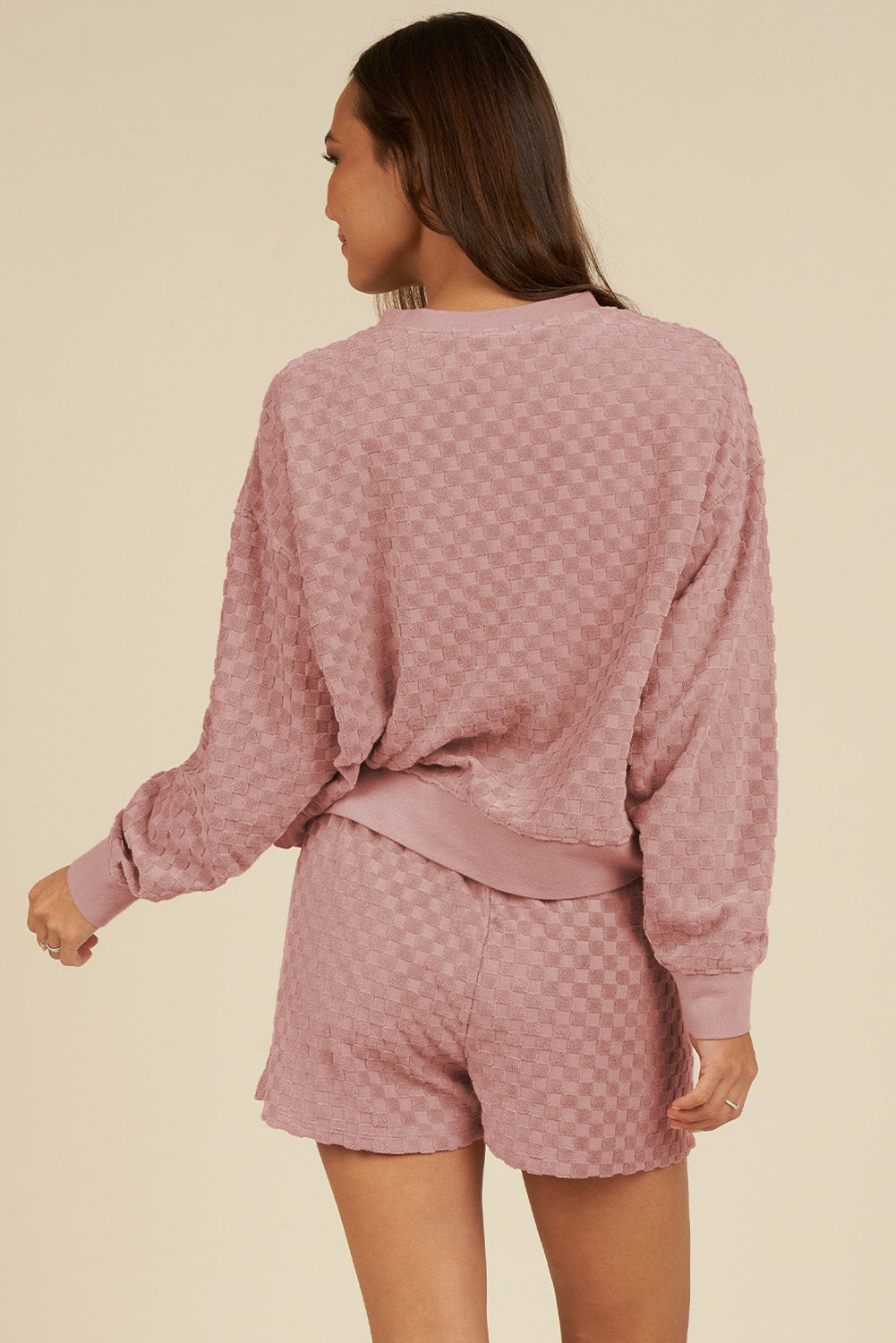 Blossom Checkered Textured Long Sleeve Top and Shorts Set - Pretty Petty Co