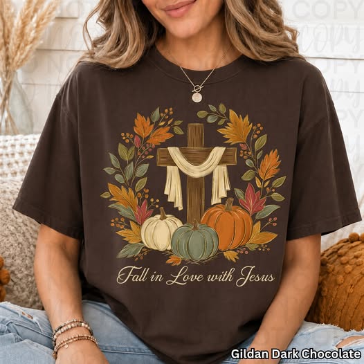 Fall in Love with Jesus Shirt | Christian Fall Graphic Tee | Pumpkin Cross Autumn Faith Shirt | Thanksgiving Christian Tee