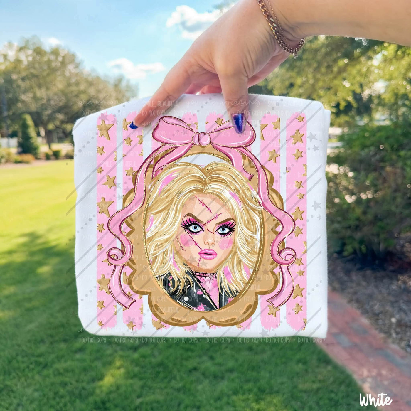 Blonde Killer Doll Pink Bow Horror Graphic Tee | Spooky Halloween Shirt
