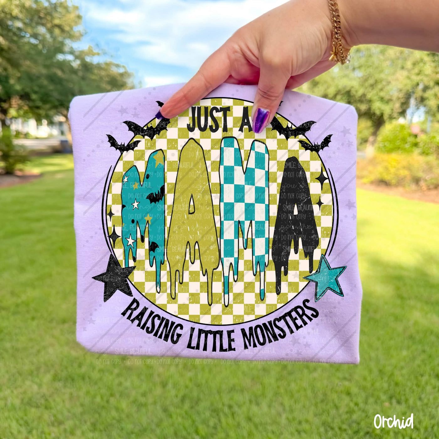 Just a Mama Raising Little Monsters Retro Halloween Graphic Tee – Checkered Spooky Mom Shirt